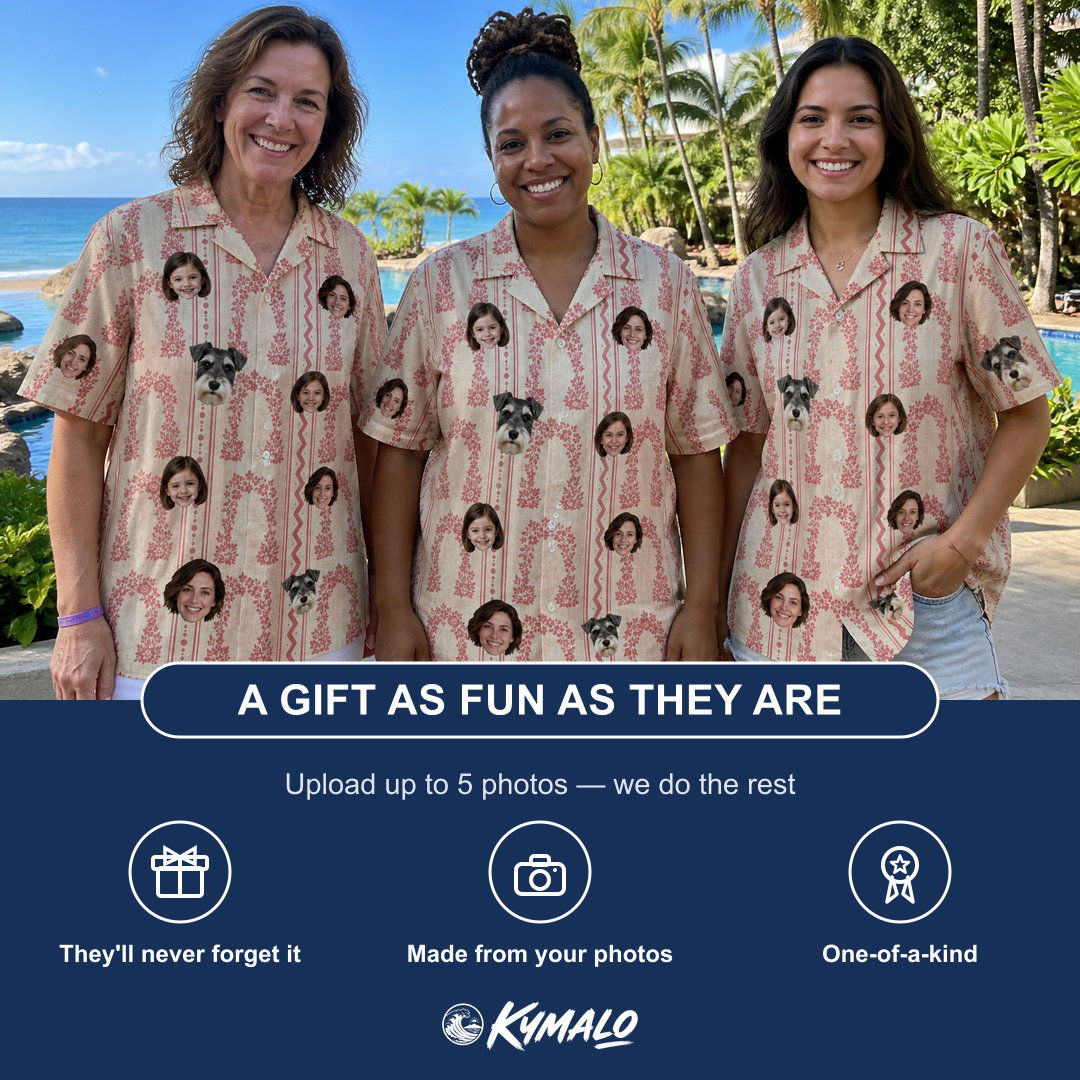 Friends in matching Women's Beach Bouquet Custom Face Hawaiian Shirt — a group gift photo