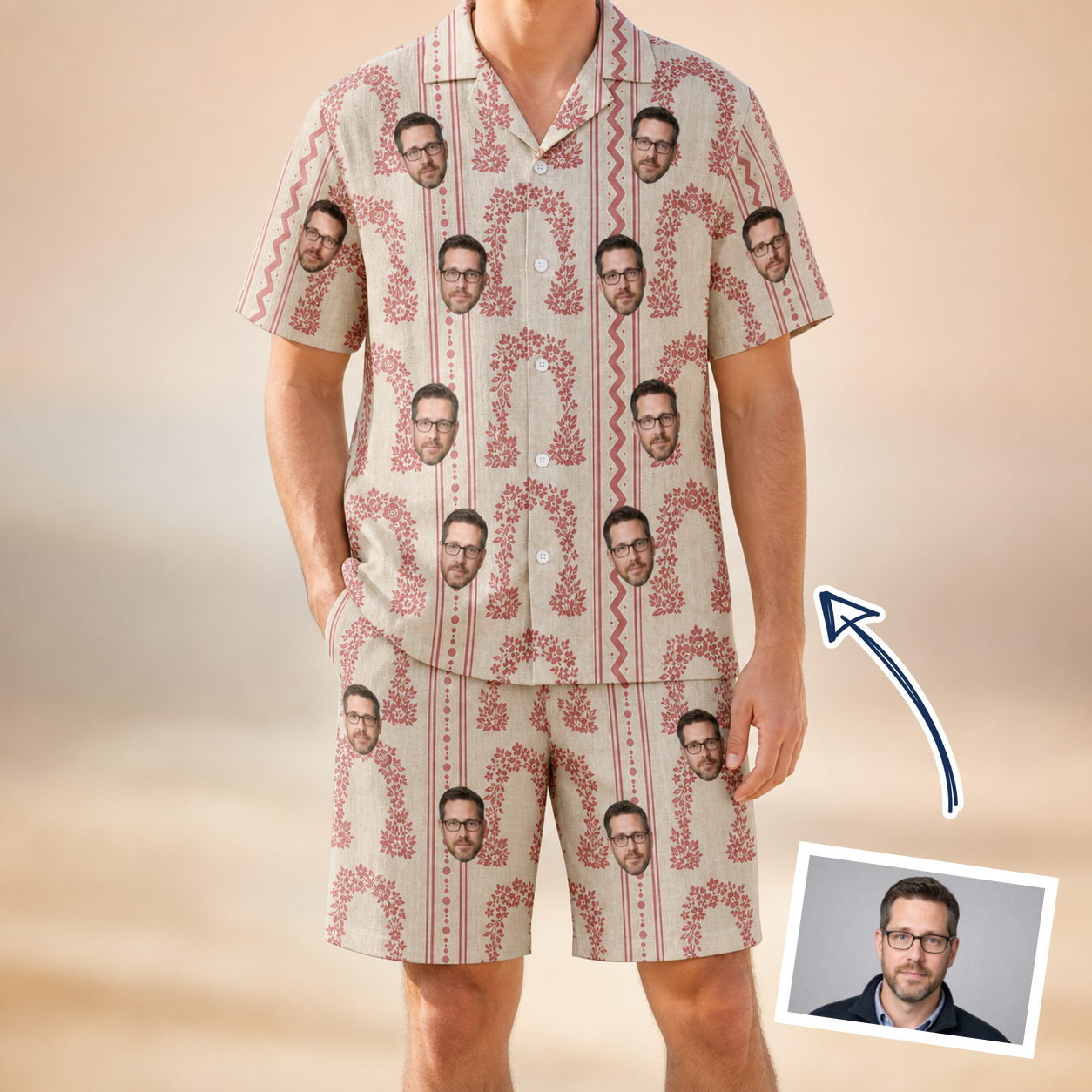 Man wearing Men's Beach Bouquet Custom Face Shirt & Shorts Set — custom faces printed all-over