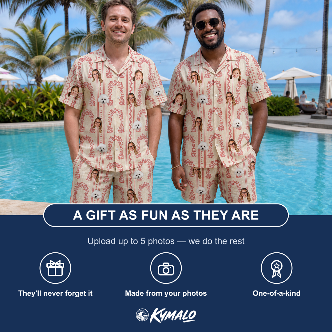 Friends in matching Men's Beach Bouquet Custom Face Shirt & Shorts Set — a group gift photo