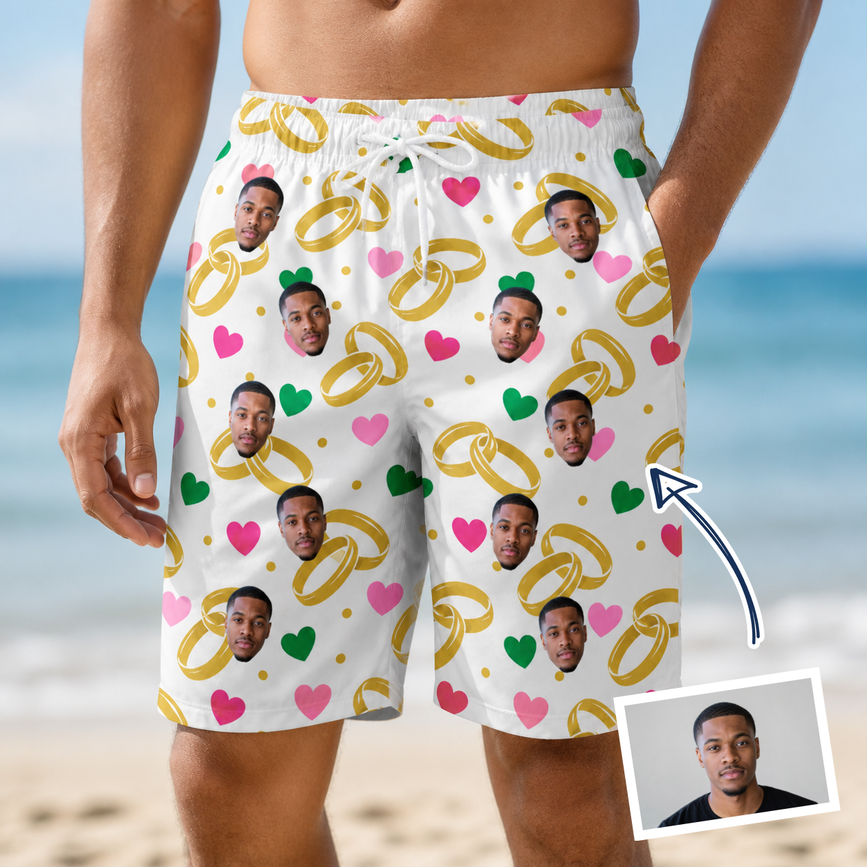 Man wearing Men's Saltkissed Circles Custom Face Beach Shorts — custom faces printed all-over