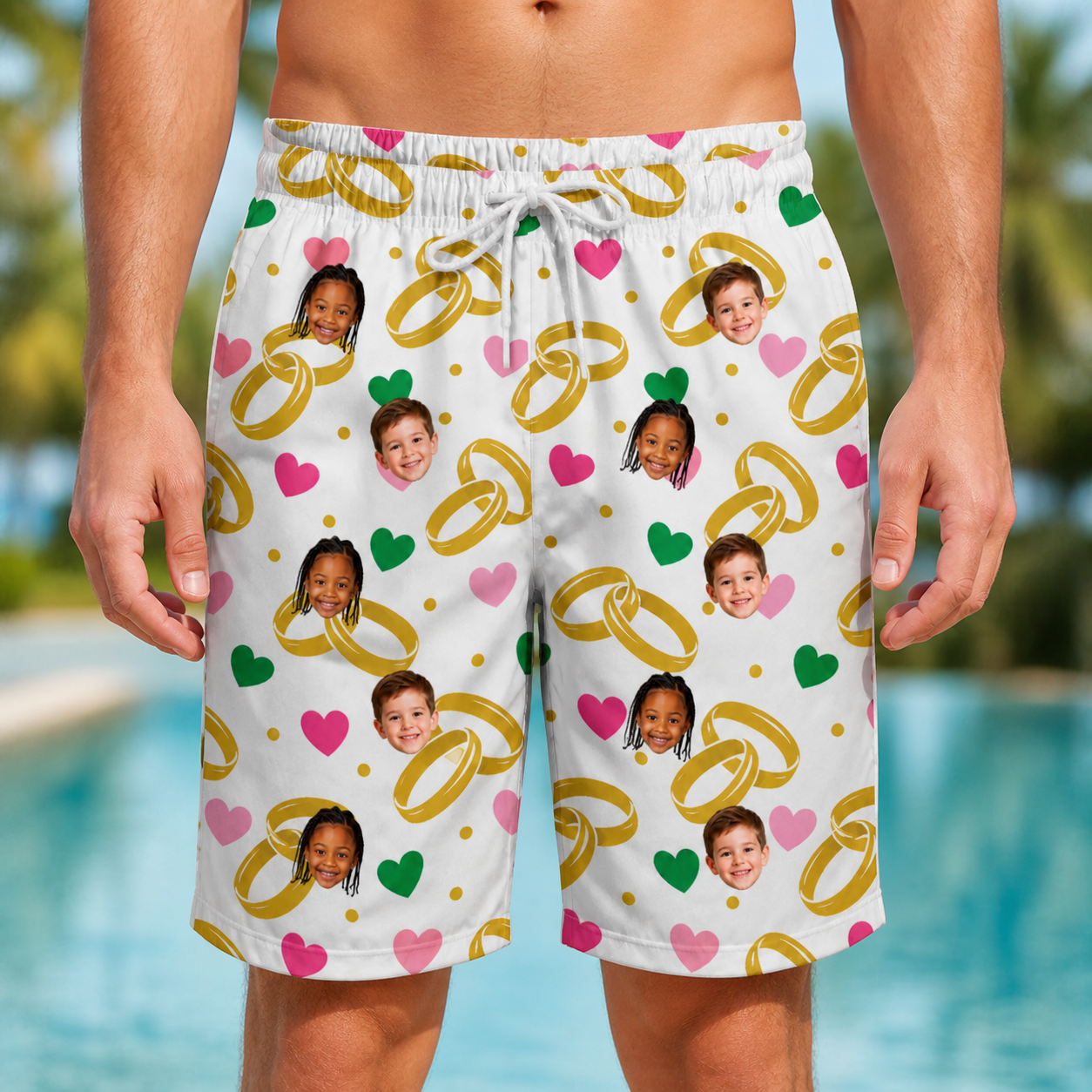 Model wearing Men's Saltkissed Circles Custom Face Beach Shorts printed with kids' faces