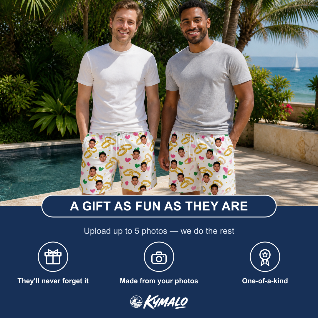 Friends in matching Men's Saltkissed Circles Custom Face Beach Shorts — a group gift photo