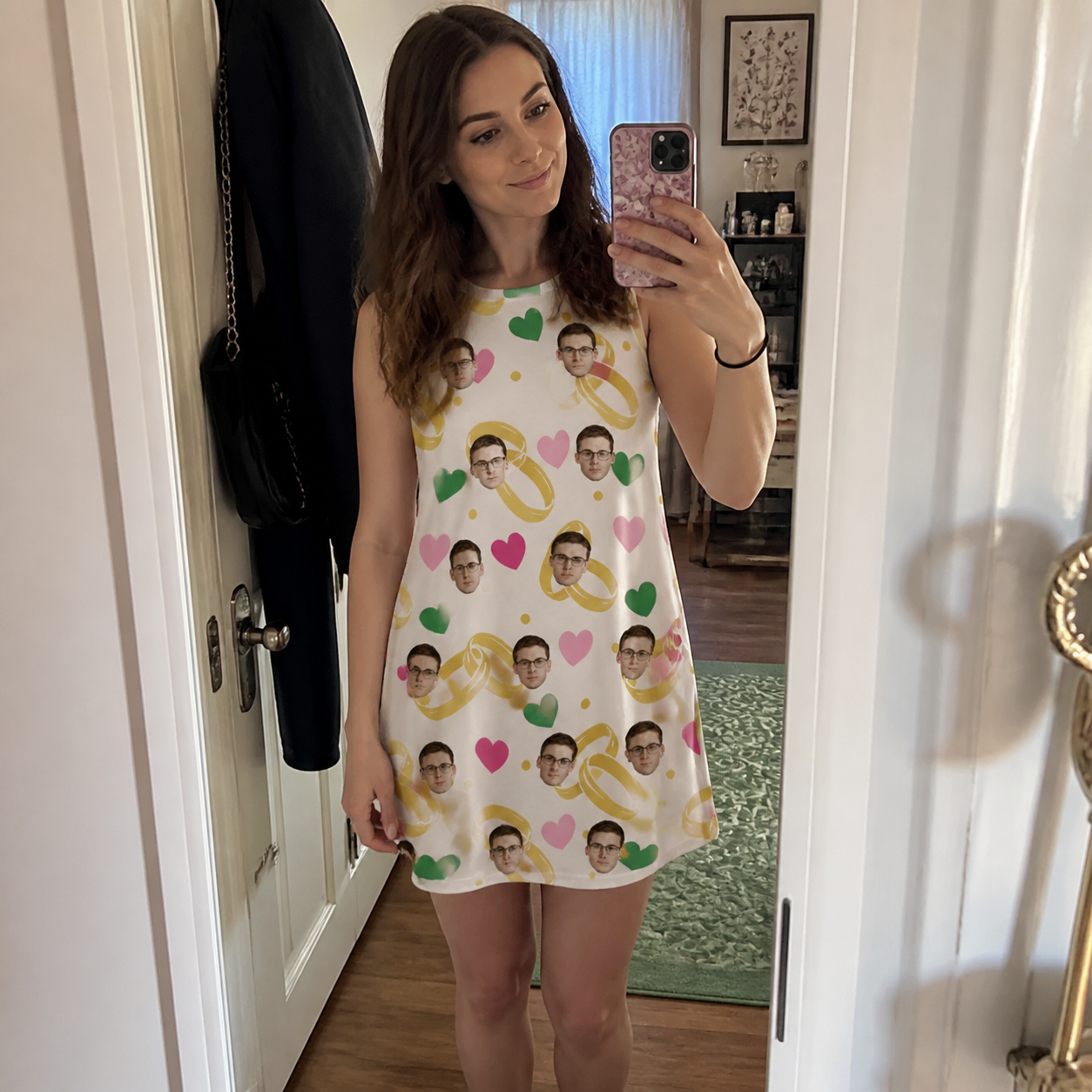 Real-life photo of someone wearing Women's Saltkissed Circles Custom Face Tank Dress — custom faces printed all-over