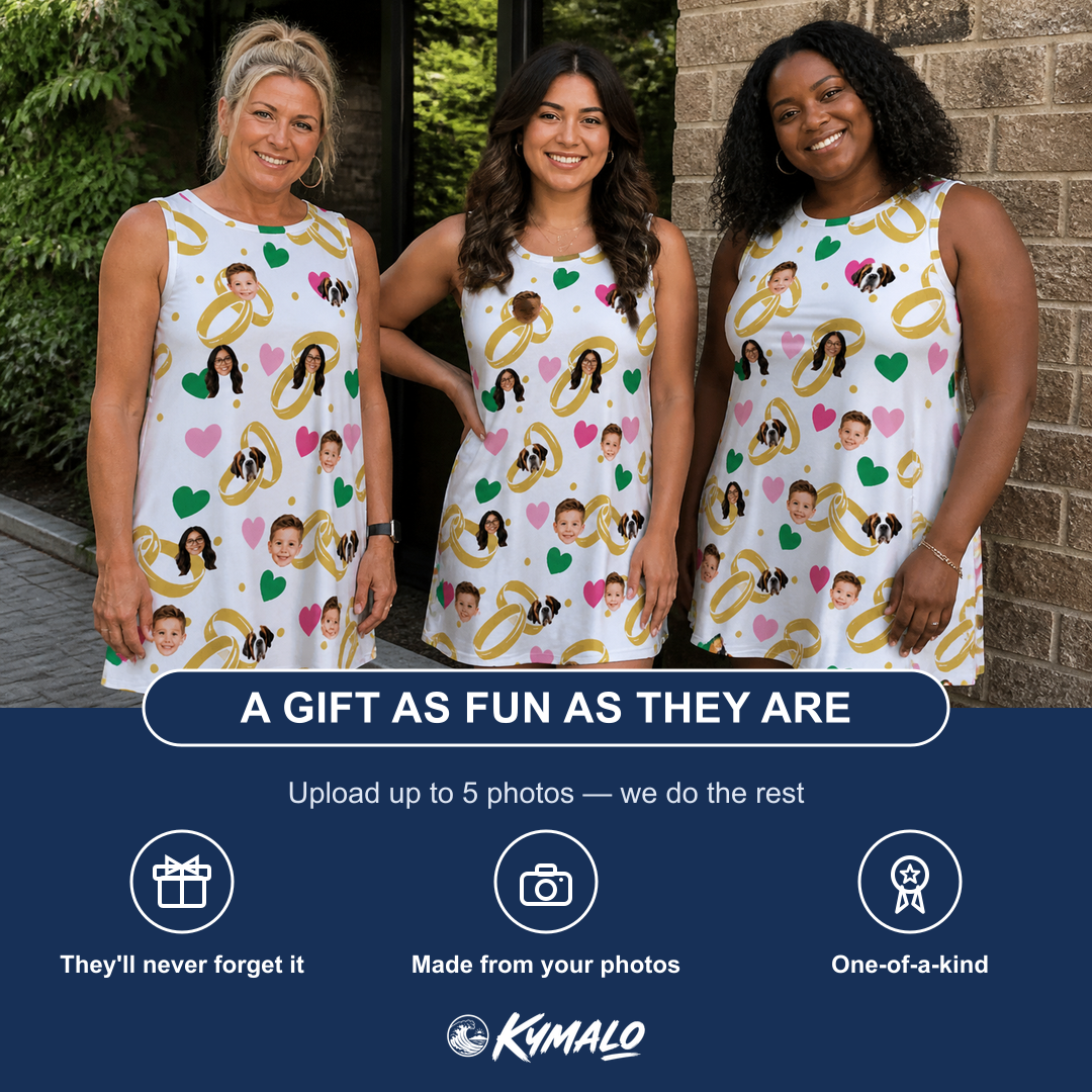 Friends in matching Women's Saltkissed Circles Custom Face Tank Dress — a group gift photo