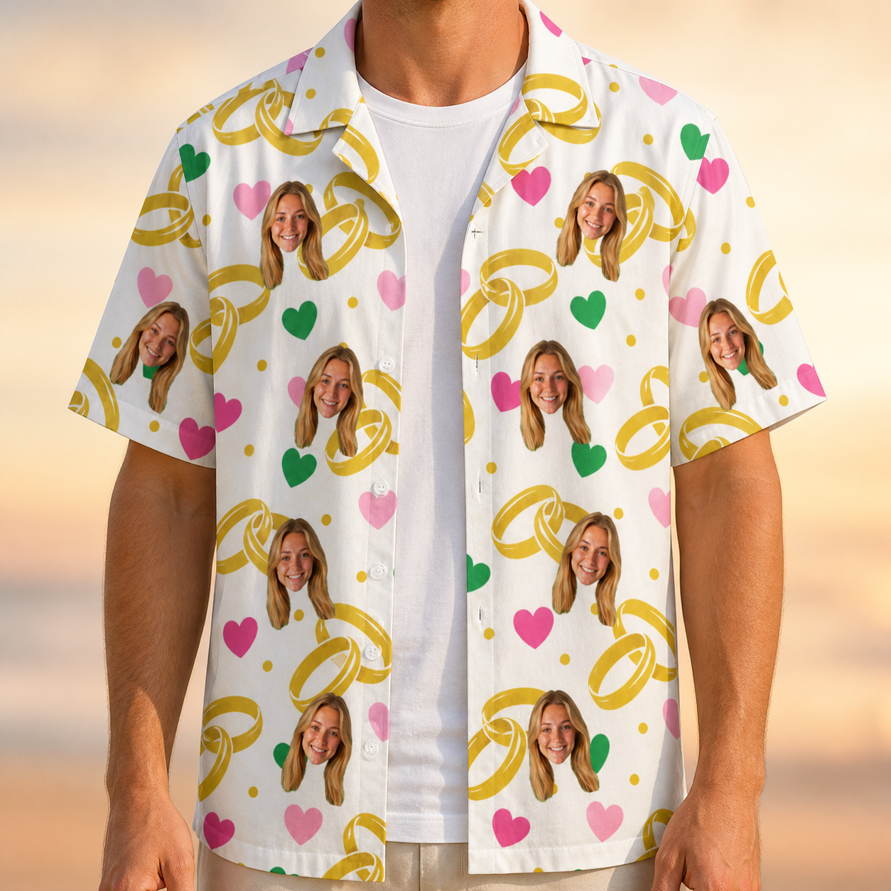 Man wearing Men's Saltkissed Circles Custom Face Hawaiian Shirt open over a white tee