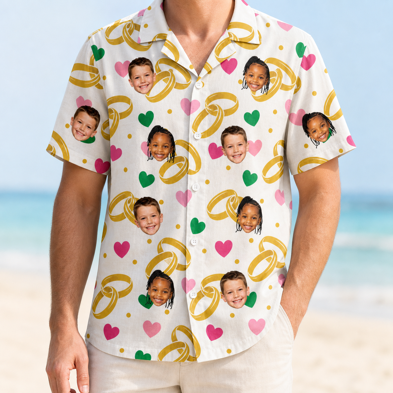 Model wearing Men's Saltkissed Circles Custom Face Hawaiian Shirt printed with kids' faces