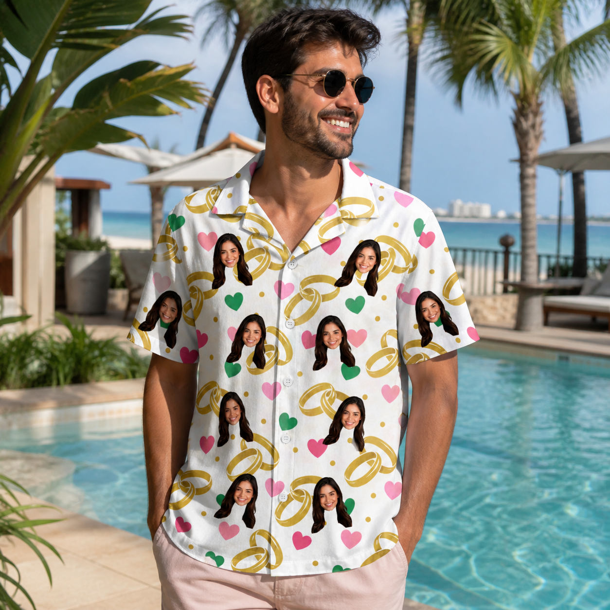 Real-life photo of someone wearing Men's Saltkissed Circles Custom Face Hawaiian Shirt — custom faces printed all-over