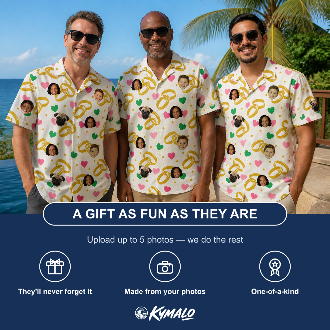 Friends in matching Men's Saltkissed Circles Custom Face Hawaiian Shirt — a group gift photo