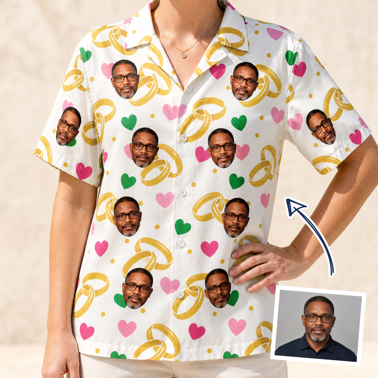Woman wearing Women's Saltkissed Circles Custom Face Hawaiian Shirt — custom faces printed all-over
