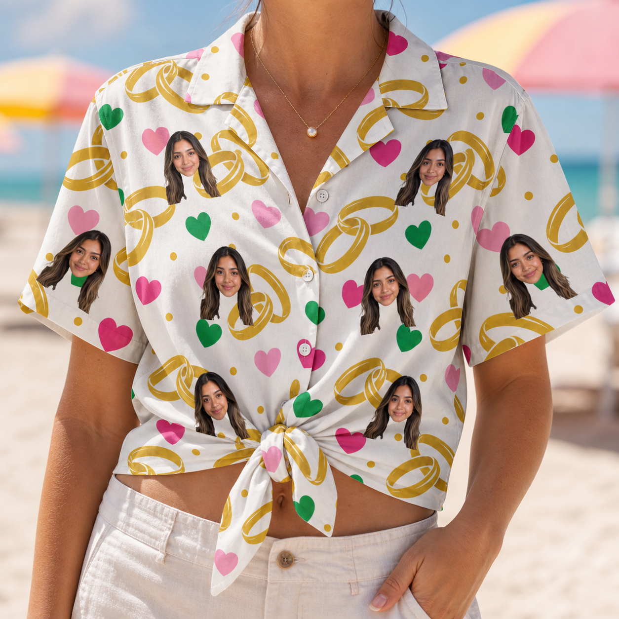 Woman wearing Women's Saltkissed Circles Custom Face Hawaiian Shirt tied at the waist