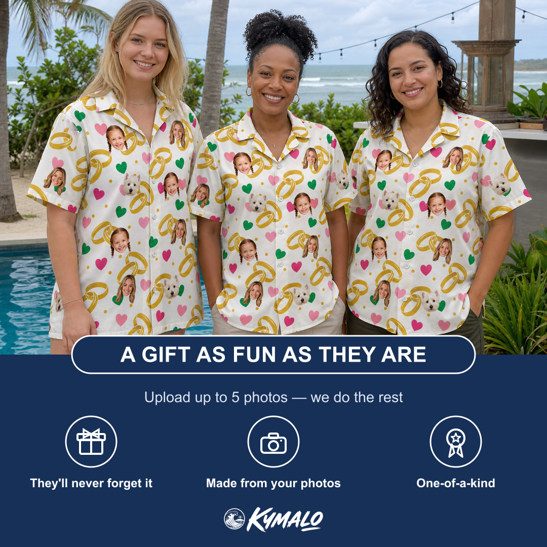 Friends in matching Women's Saltkissed Circles Custom Face Hawaiian Shirt — a group gift photo