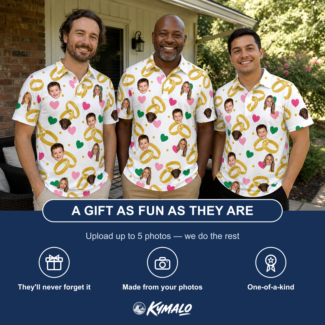 Friends in matching Men's Saltkissed Circles Custom Face Polo Shirt — a group gift photo