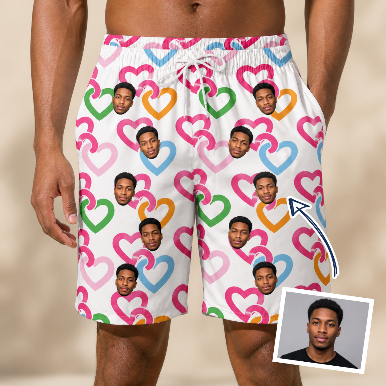 Man wearing Men's Joined Jetty Custom Face Beach Shorts — custom faces printed all-over