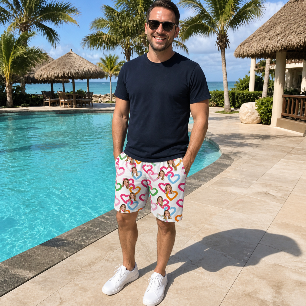 Real-life photo of someone wearing Men's Joined Jetty Custom Face Beach Shorts — custom faces printed all-over