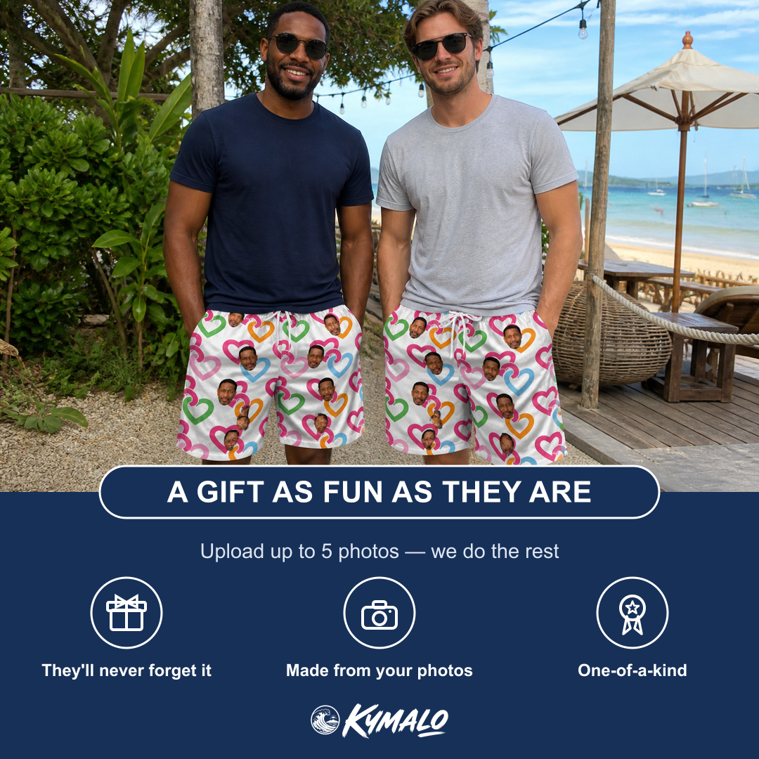 Friends in matching Men's Joined Jetty Custom Face Beach Shorts — a group gift photo