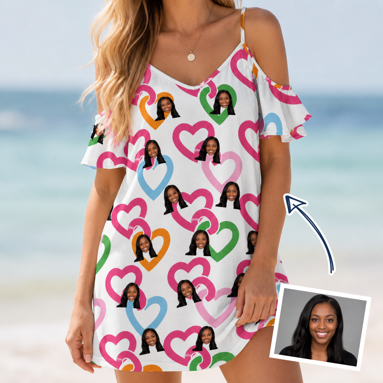 Woman wearing Women's Joined Jetty Custom Face Off-Shoulder Dress — custom faces printed all-over