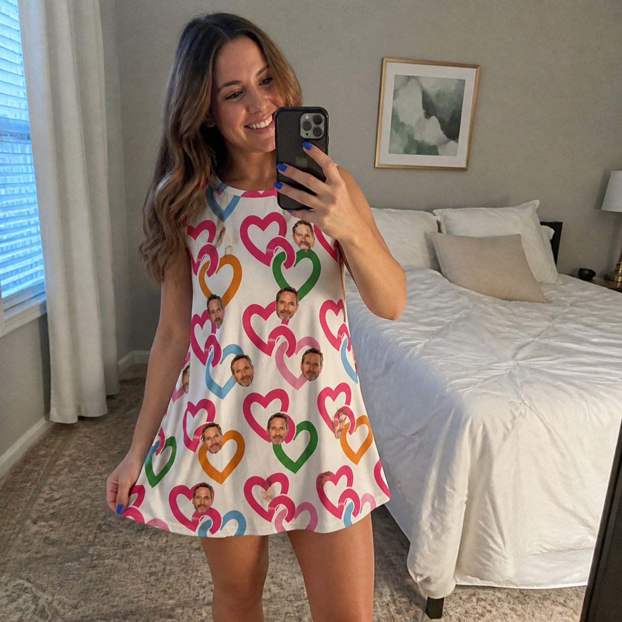 Real-life photo of someone wearing Women's Joined Jetty Custom Face Tank Dress — custom faces printed all-over