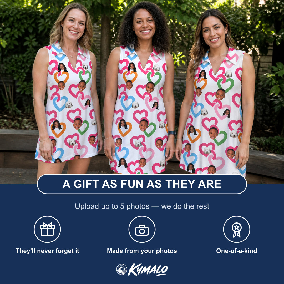 Friends in matching Women's Joined Jetty Custom Face V-Neck Dress — a group gift photo