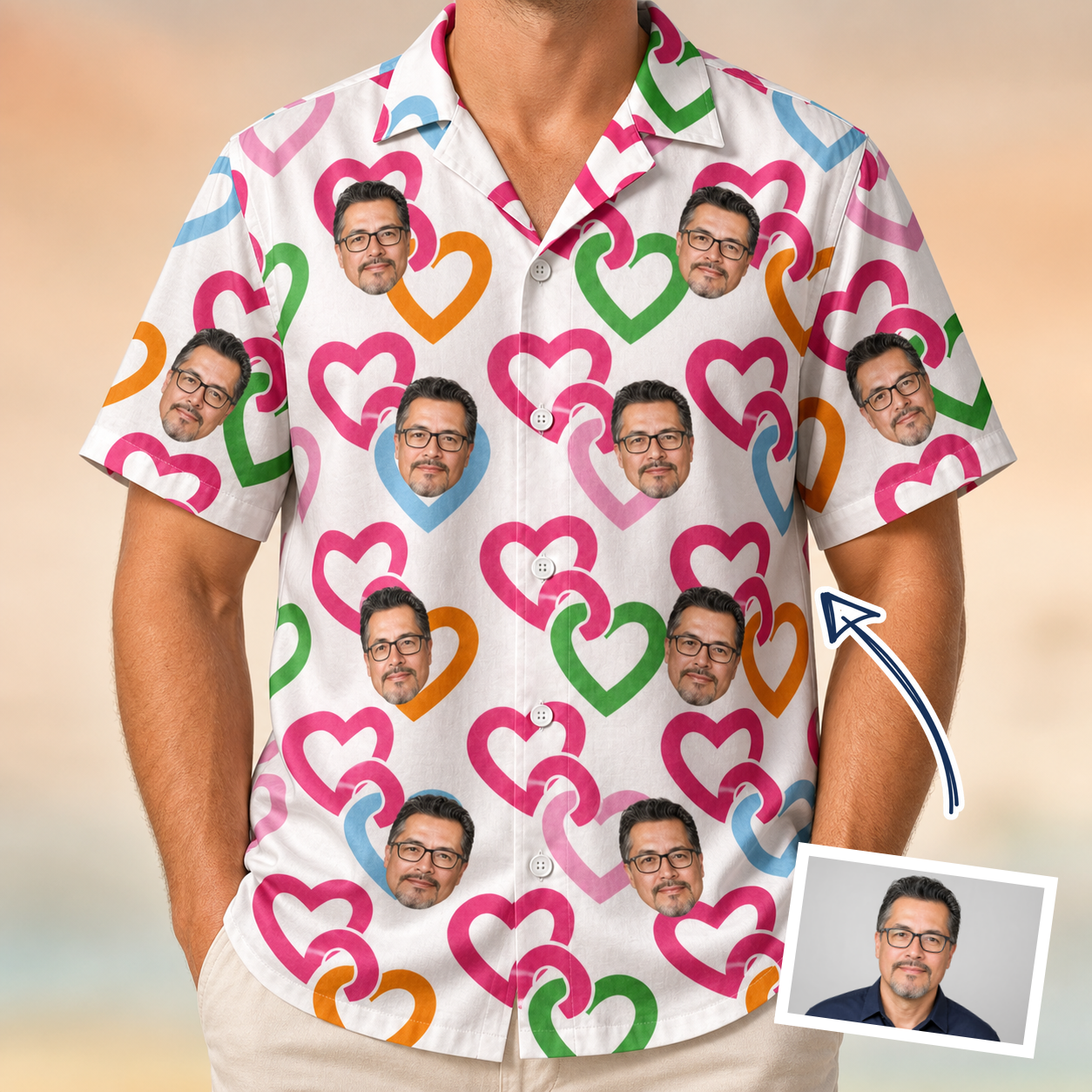 Man wearing Men's Joined Jetty Custom Face Hawaiian Shirt — custom faces printed all-over