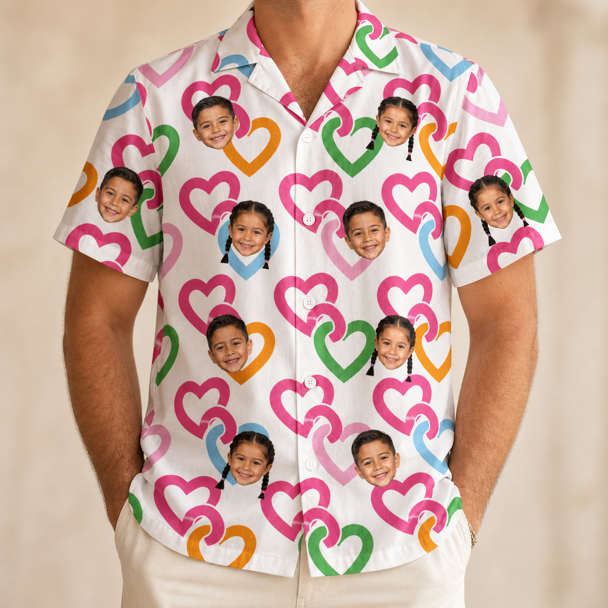 Model wearing Men's Joined Jetty Custom Face Hawaiian Shirt printed with kids' faces