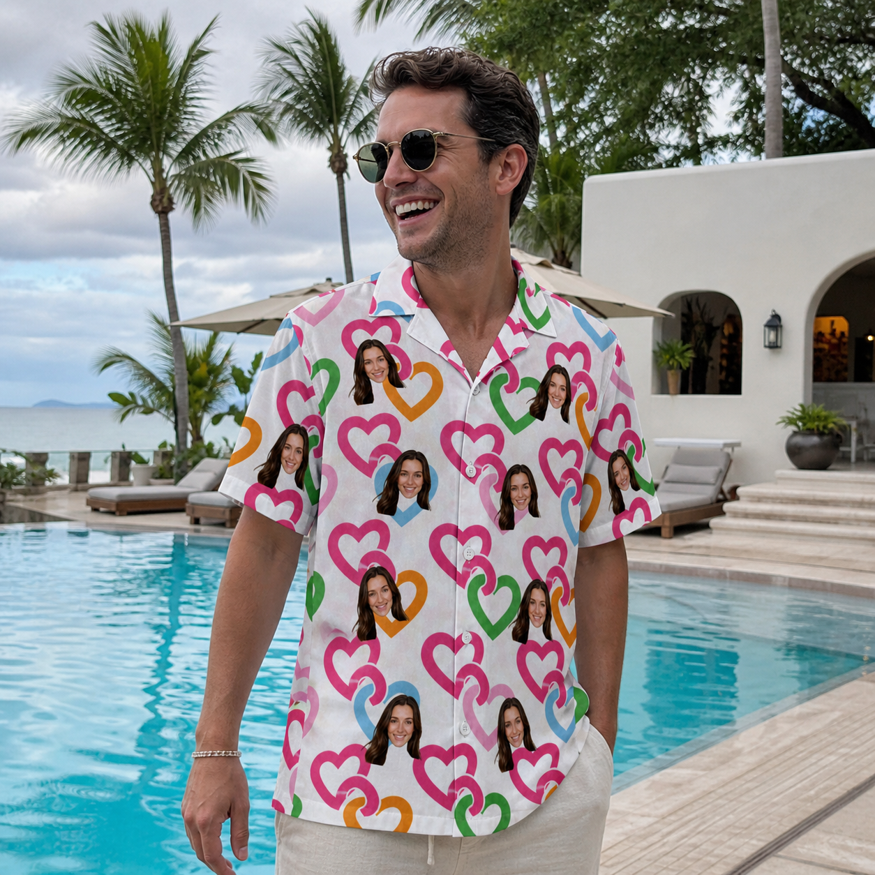 Real-life photo of someone wearing Men's Joined Jetty Custom Face Hawaiian Shirt — custom faces printed all-over