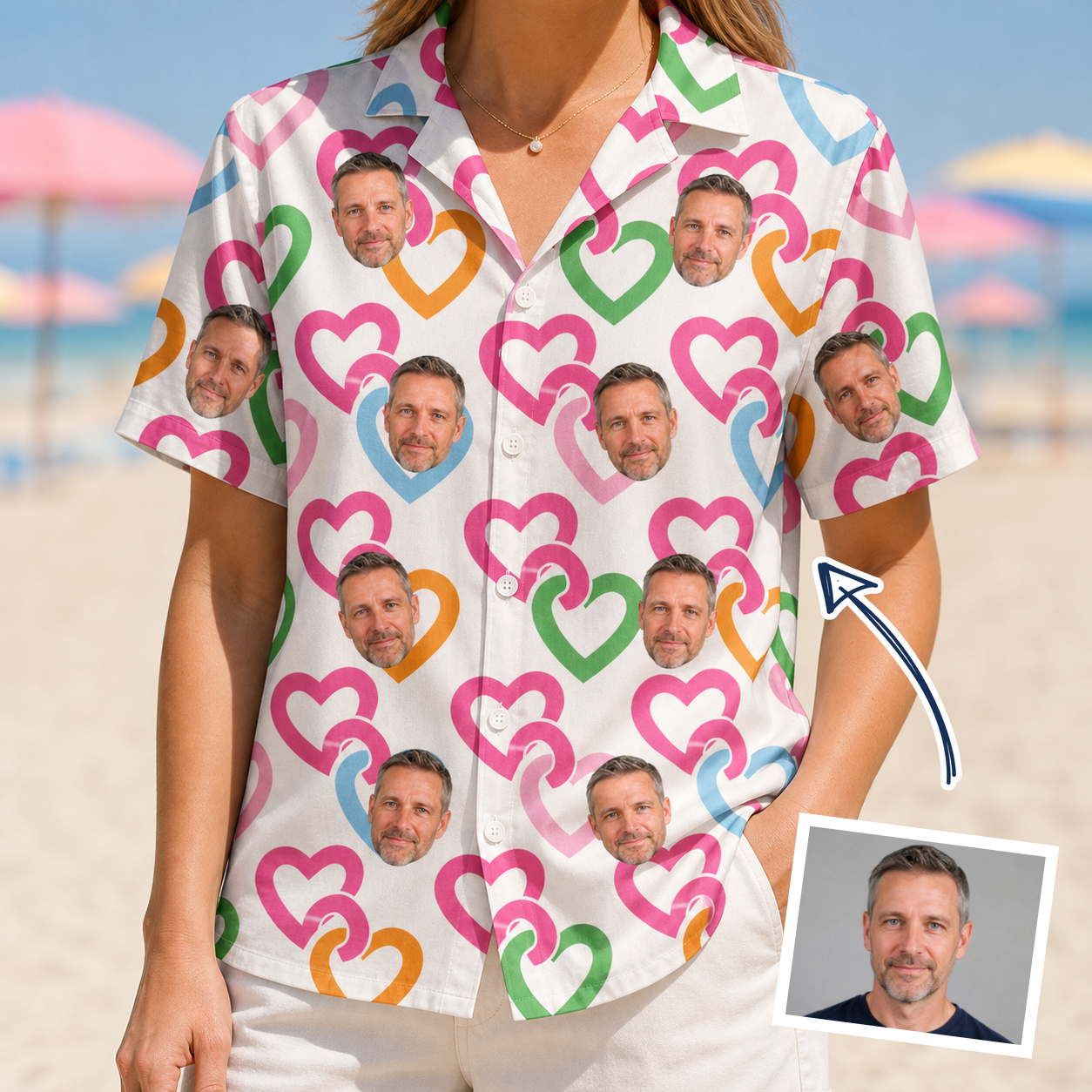 Woman wearing Women's Joined Jetty Custom Face Hawaiian Shirt — custom faces printed all-over
