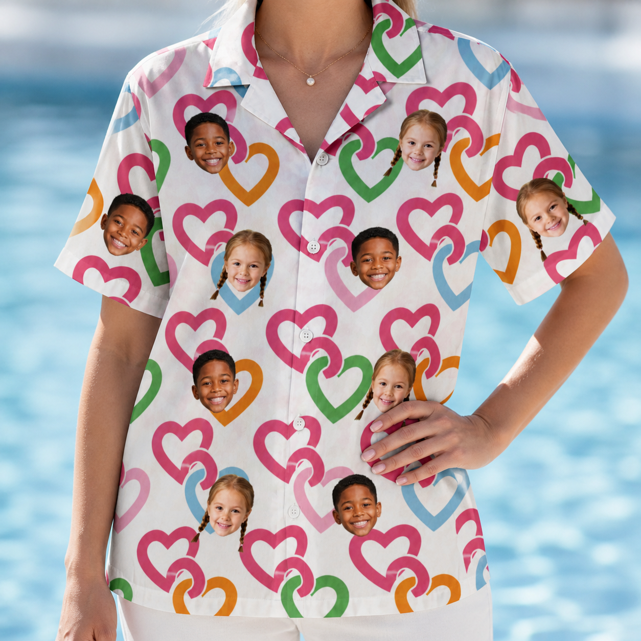 Model wearing Women's Joined Jetty Custom Face Hawaiian Shirt printed with kids' faces