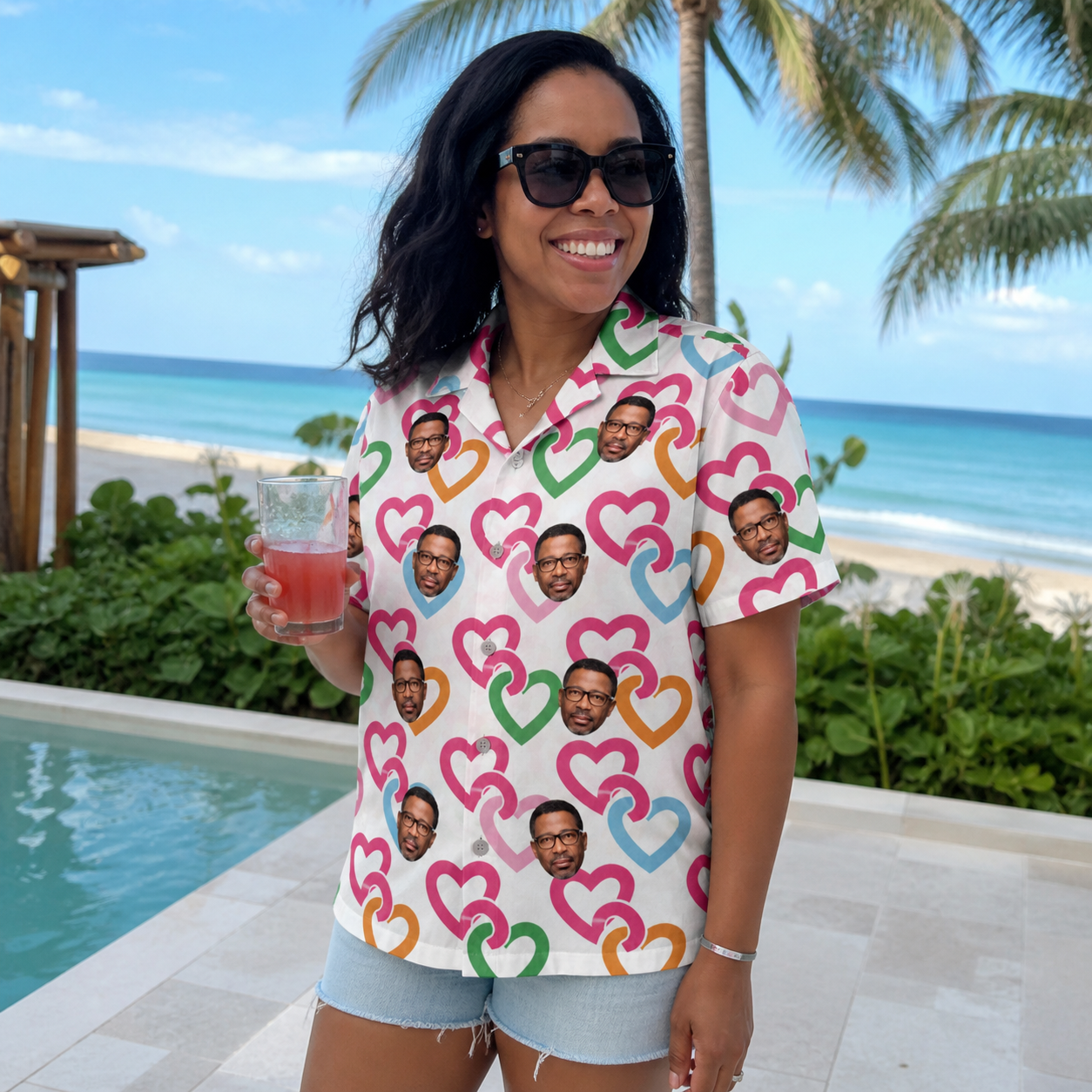 Real-life photo of someone wearing Women's Joined Jetty Custom Face Hawaiian Shirt — custom faces printed all-over