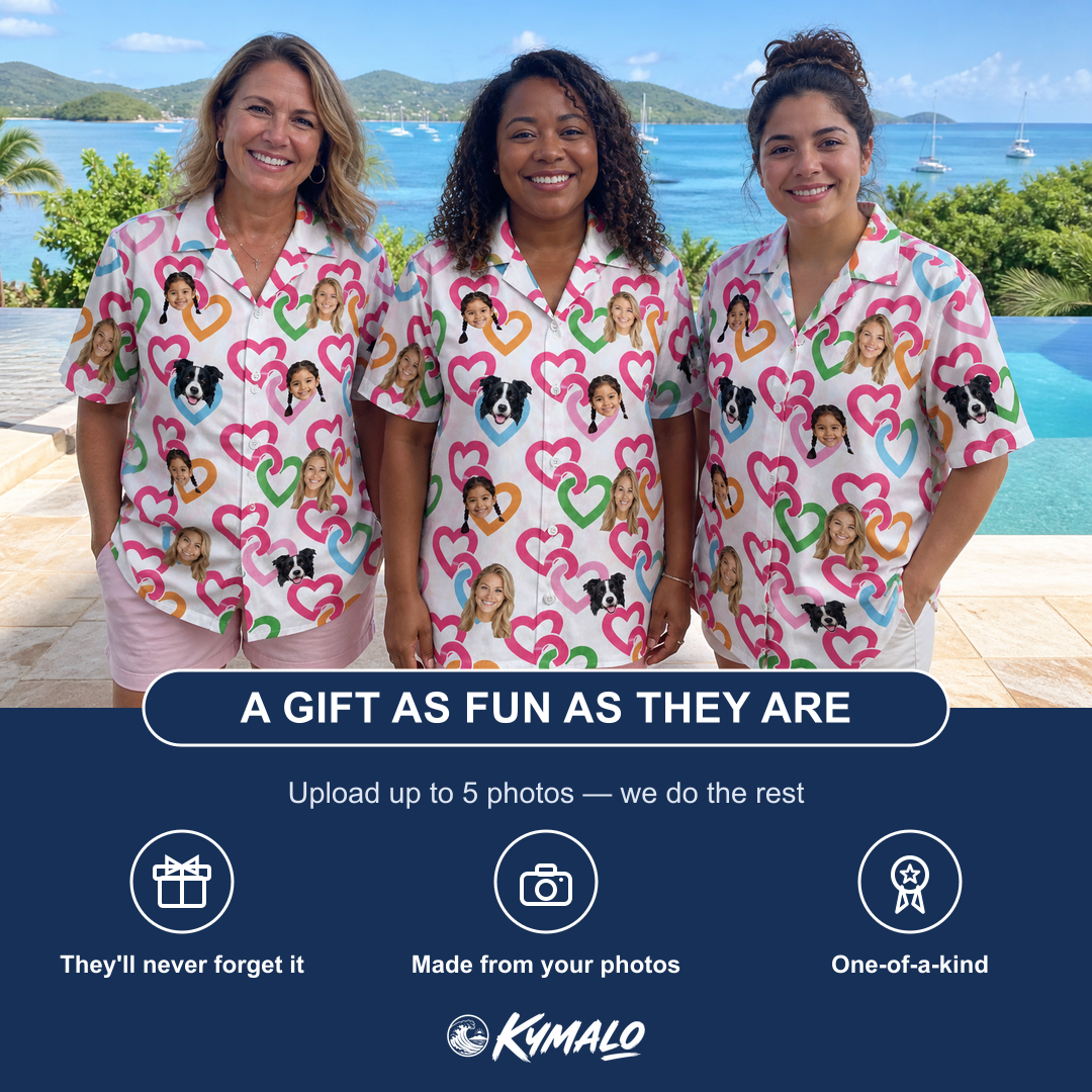 Friends in matching Women's Joined Jetty Custom Face Hawaiian Shirt — a group gift photo
