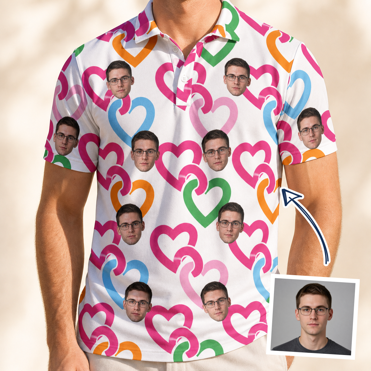 Man wearing Men's Joined Jetty Custom Face Polo Shirt — custom faces printed all-over
