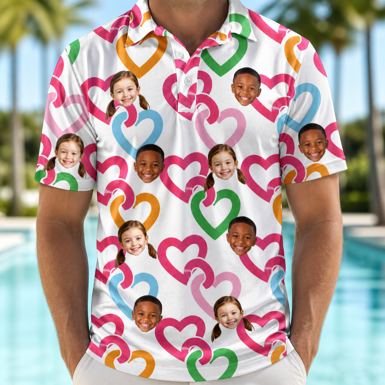 Model wearing Men's Joined Jetty Custom Face Polo Shirt printed with kids' faces