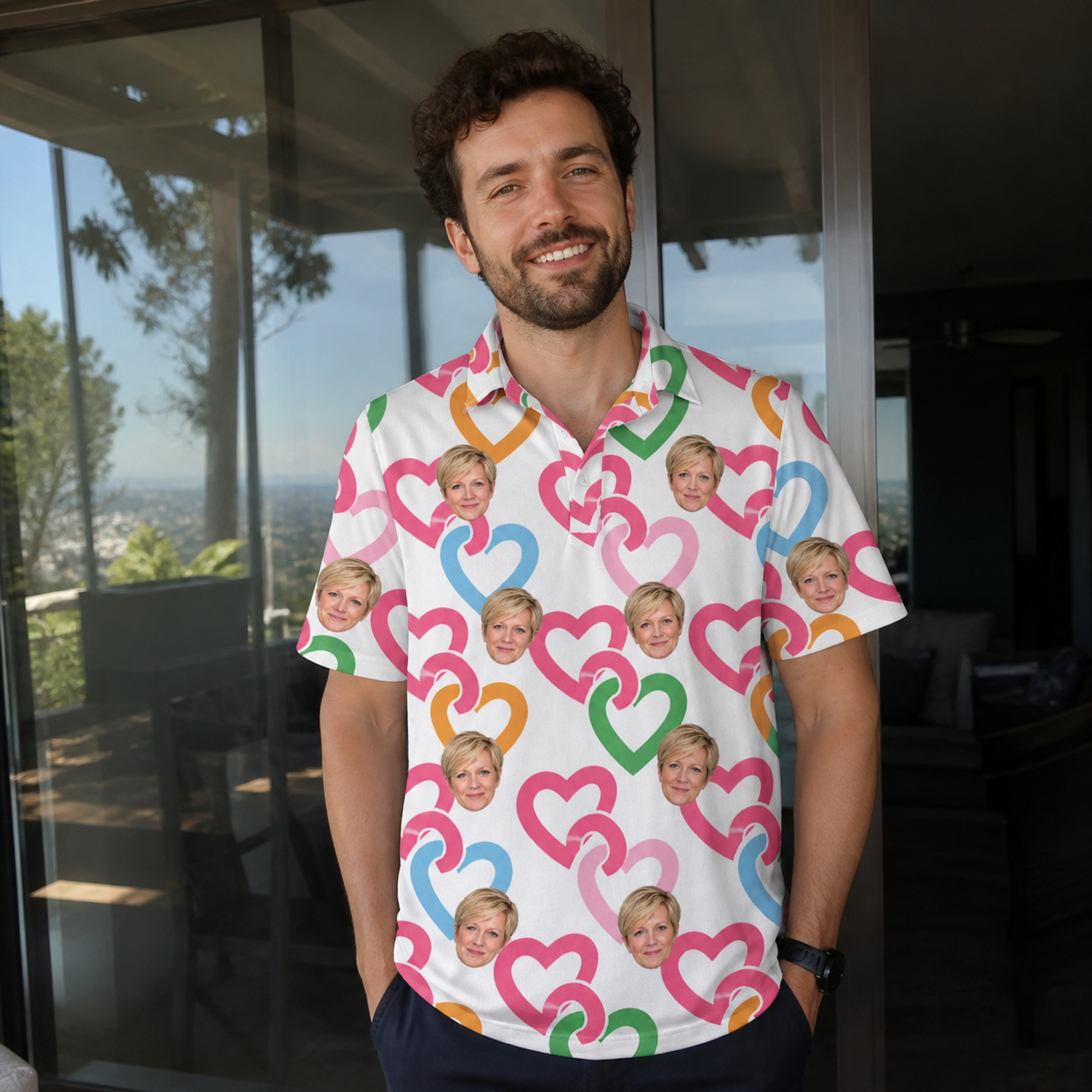 Real-life photo of someone wearing Men's Joined Jetty Custom Face Polo Shirt — custom faces printed all-over