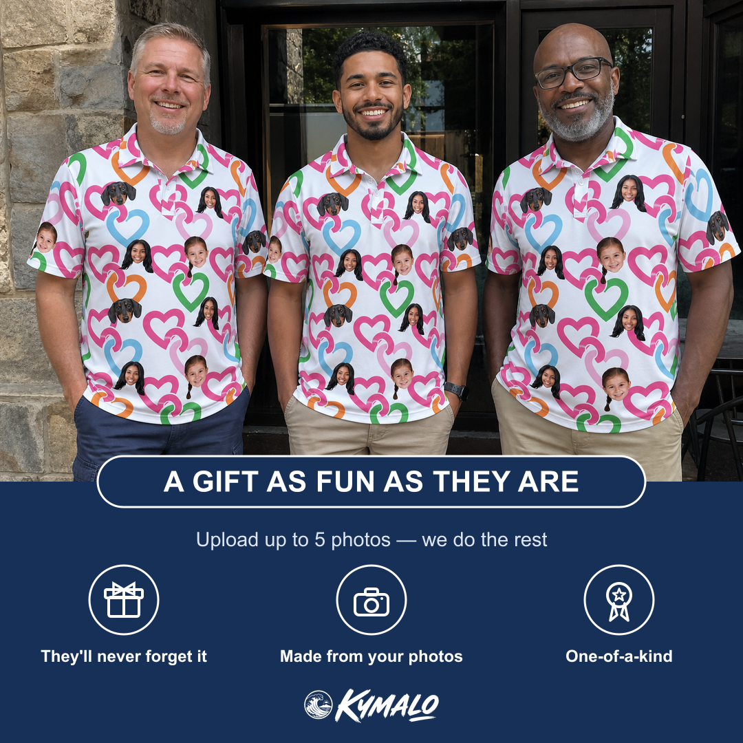 Friends in matching Men's Joined Jetty Custom Face Polo Shirt — a group gift photo