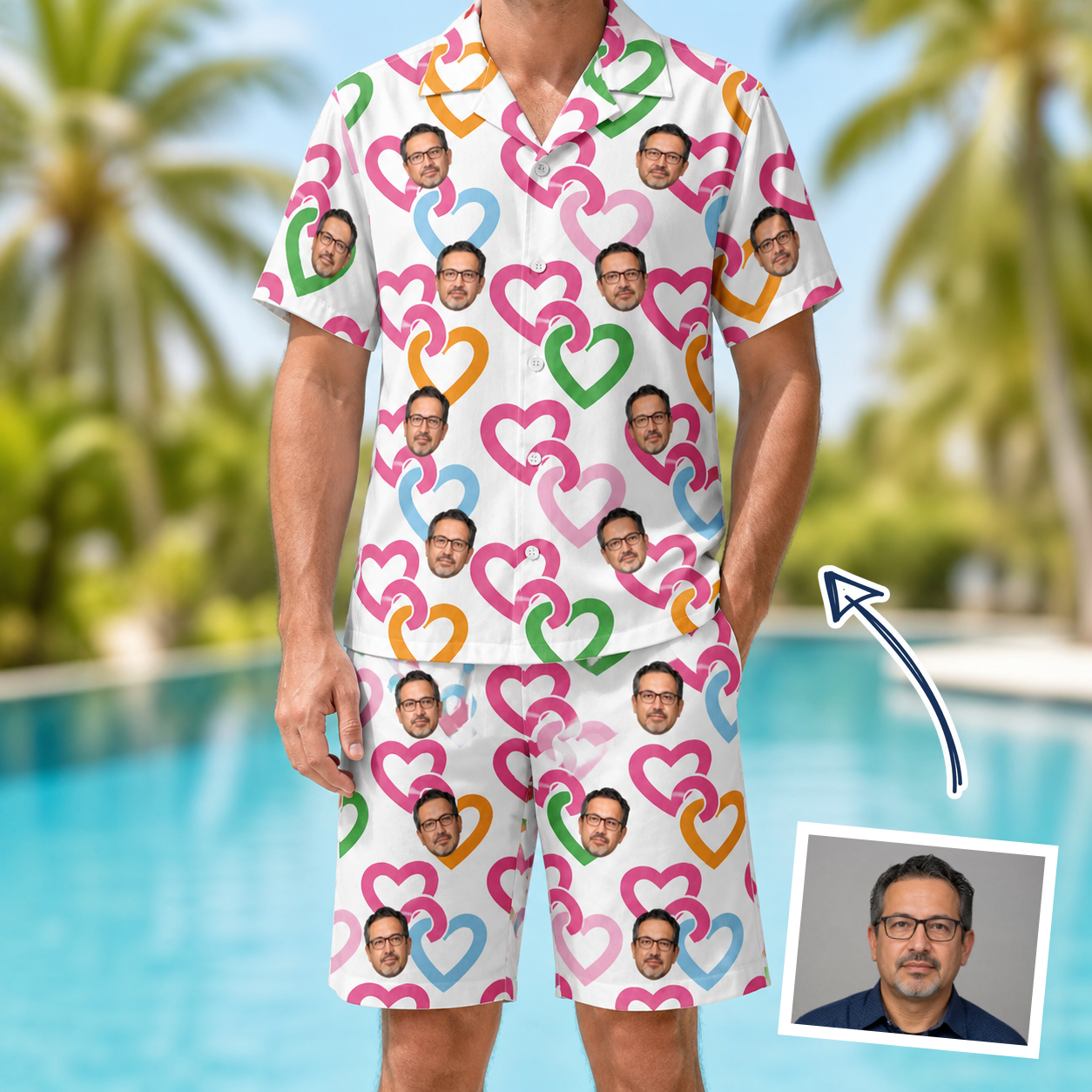 Man wearing Men's Joined Jetty Custom Face Shirt & Shorts Set — custom faces printed all-over