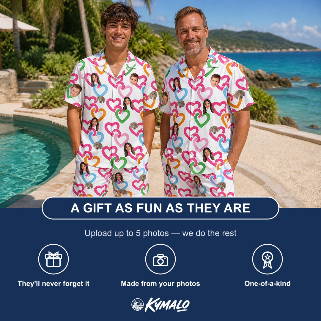Friends in matching Men's Joined Jetty Custom Face Shirt & Shorts Set — a group gift photo