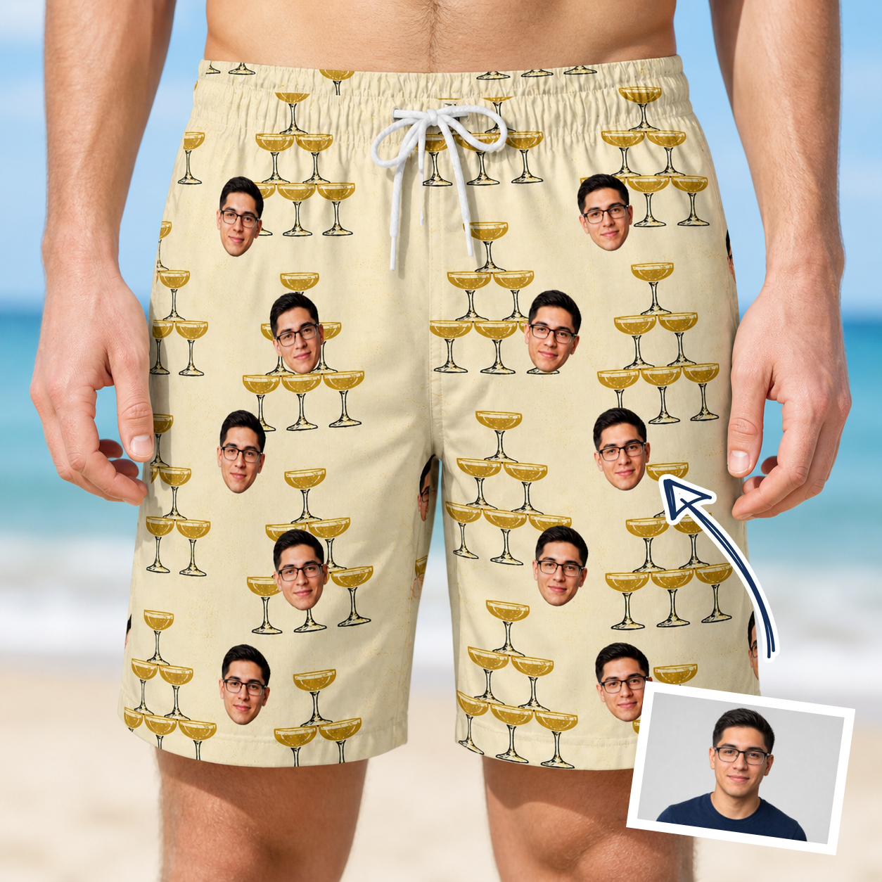 Man wearing Men's Briny Betrothal Custom Face Beach Shorts — custom faces printed all-over