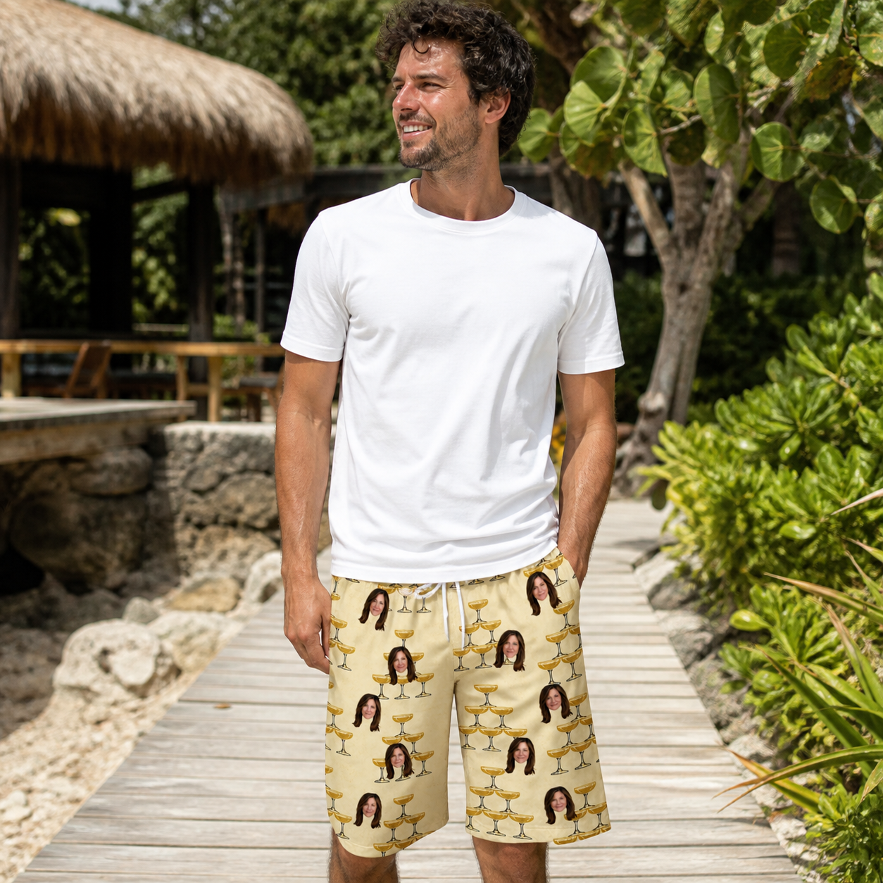 Real-life photo of someone wearing Men's Briny Betrothal Custom Face Beach Shorts — custom faces printed all-over