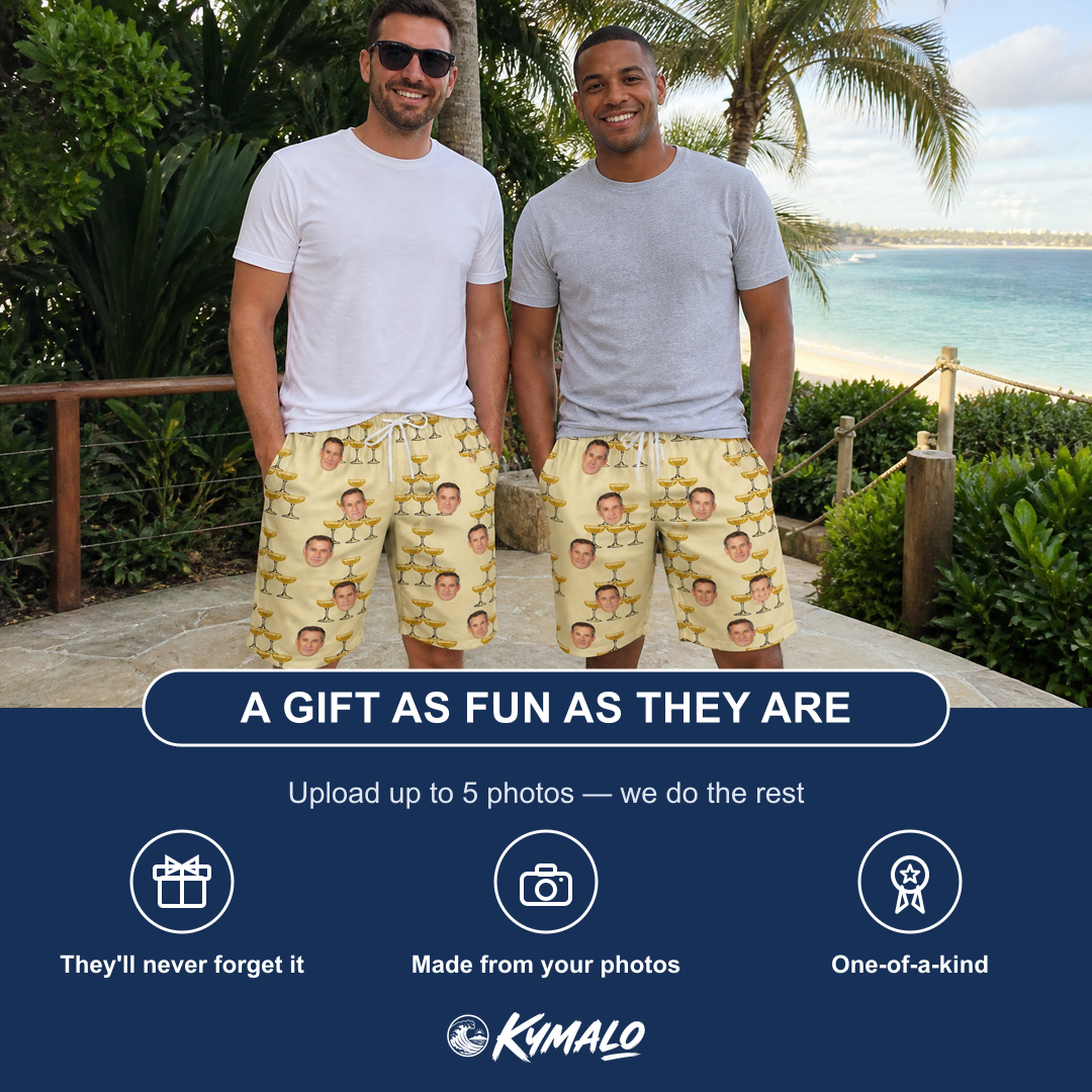 Friends in matching Men's Briny Betrothal Custom Face Beach Shorts — a group gift photo