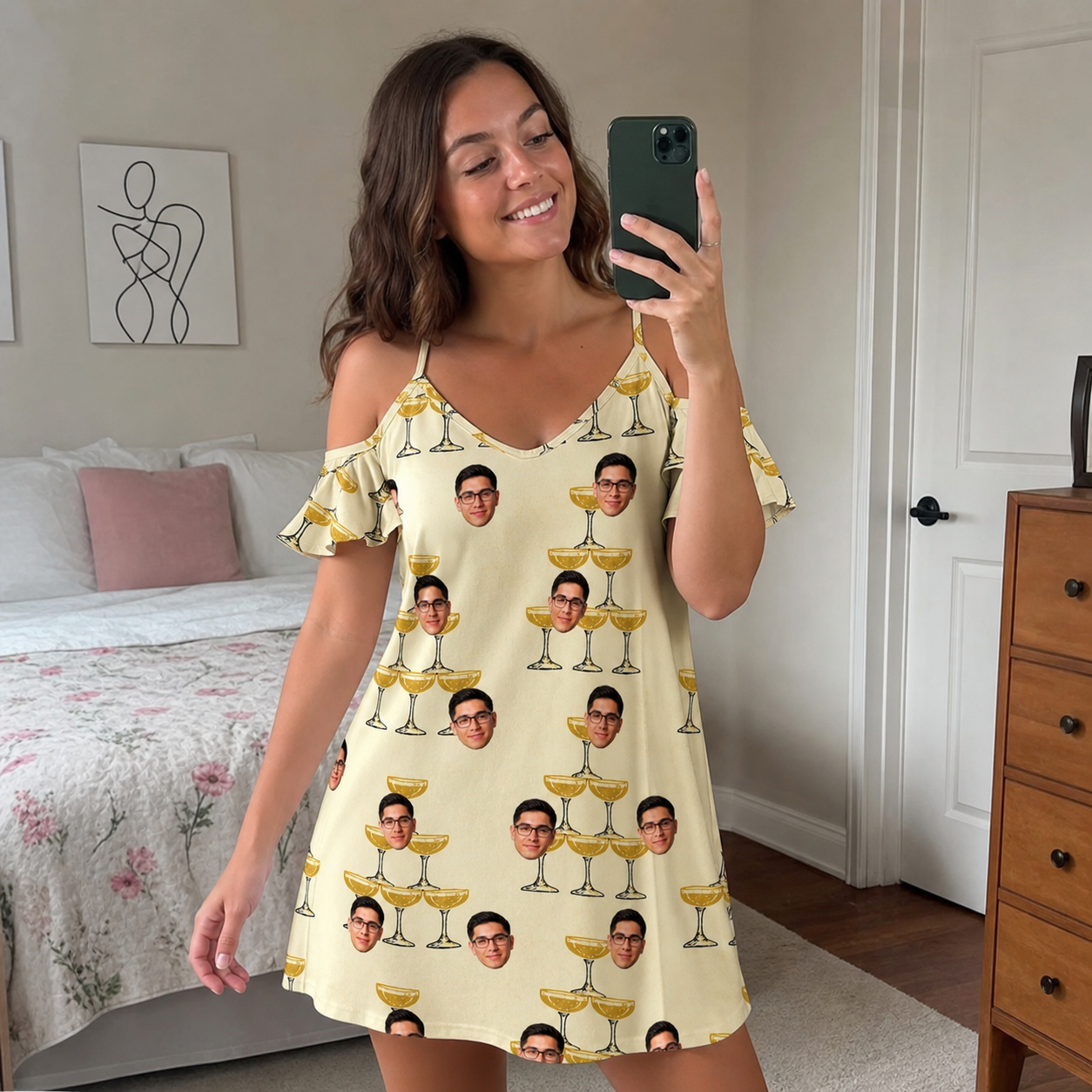Real-life photo of someone wearing Women's Briny Betrothal Custom Face Off-Shoulder Dress — custom faces printed all-over