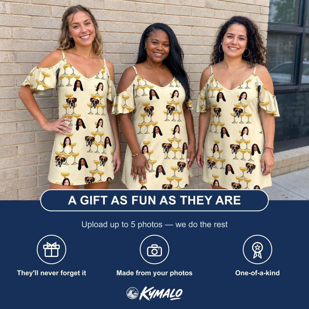 Friends in matching Women's Briny Betrothal Custom Face Off-Shoulder Dress — a group gift photo