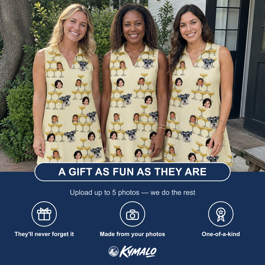 Friends in matching Women's Briny Betrothal Custom Face V-Neck Dress — a group gift photo