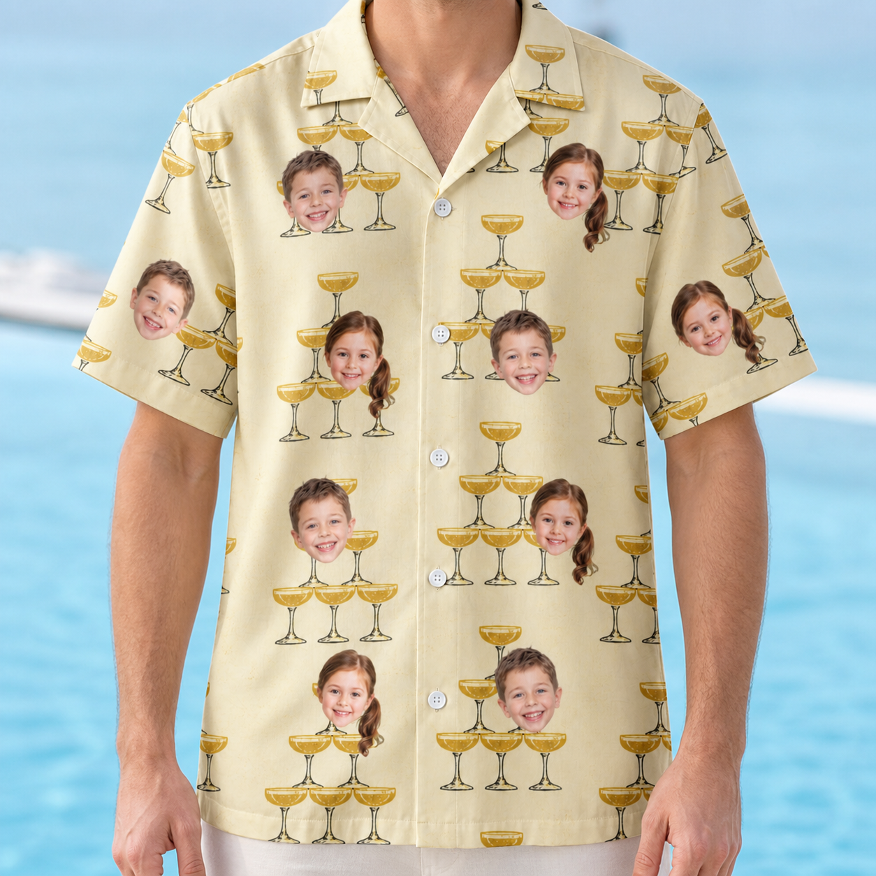 Model wearing Men's Briny Betrothal Custom Face Hawaiian Shirt printed with kids' faces