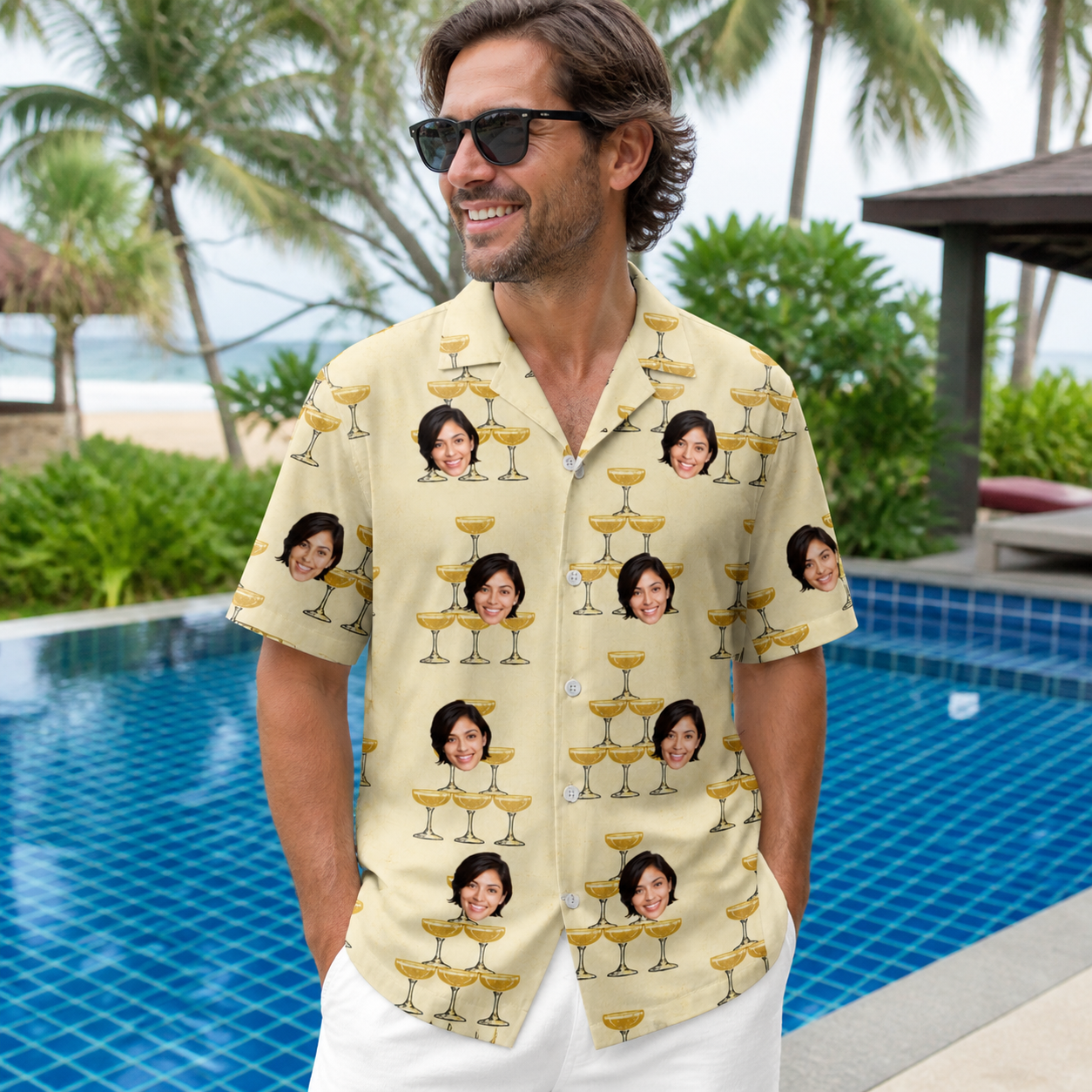 Real-life photo of someone wearing Men's Briny Betrothal Custom Face Hawaiian Shirt — custom faces printed all-over