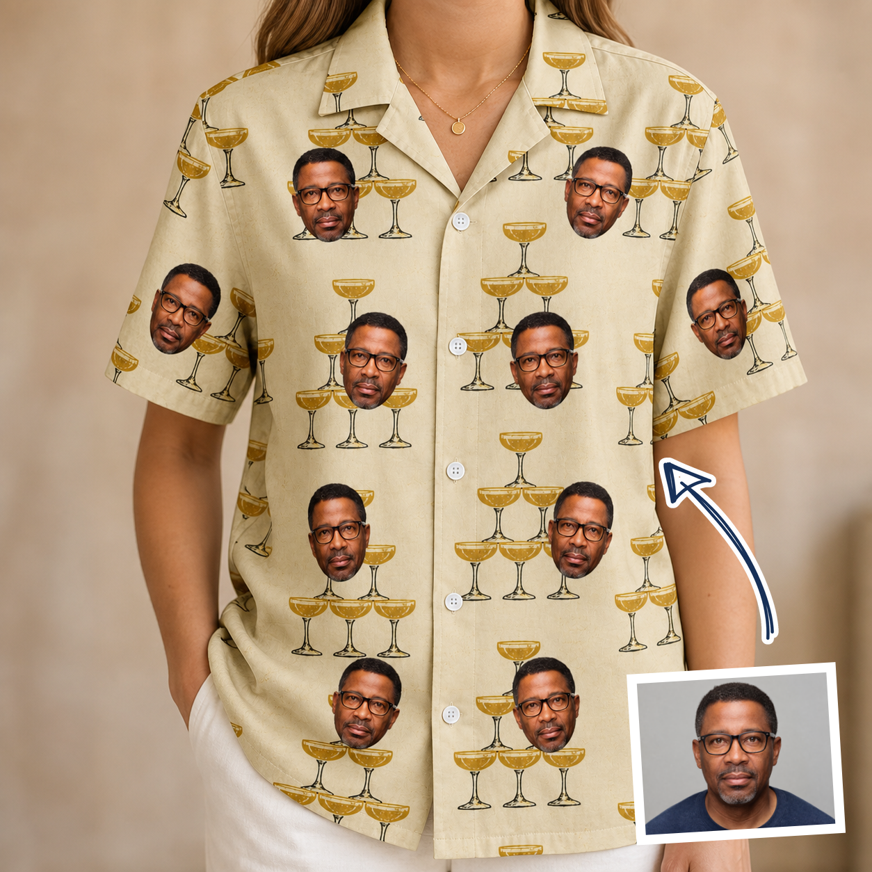 Woman wearing Women's Briny Betrothal Custom Face Hawaiian Shirt — custom faces printed all-over