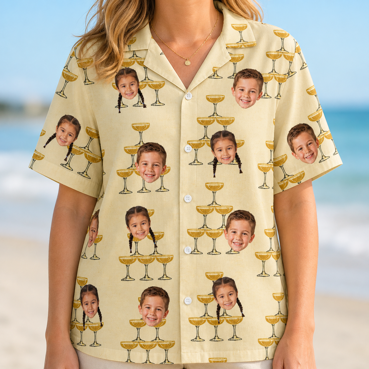 Model wearing Women's Briny Betrothal Custom Face Hawaiian Shirt printed with kids' faces