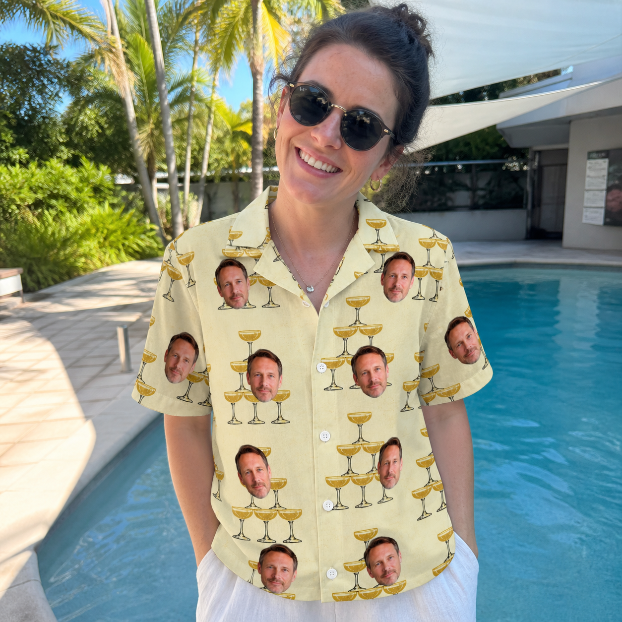 Real-life photo of someone wearing Women's Briny Betrothal Custom Face Hawaiian Shirt — custom faces printed all-over