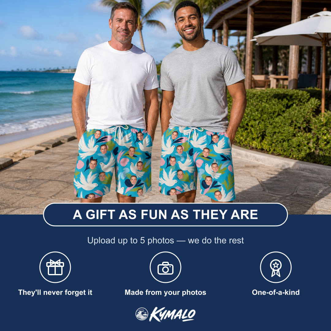 Friends in matching Men's Altar Aviary Custom Face Beach Shorts — a group gift photo