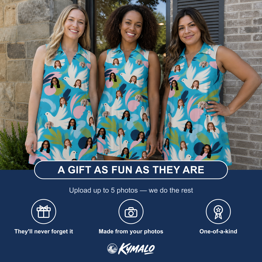 Friends in matching Women's Altar Aviary Custom Face V-Neck Dress — a group gift photo