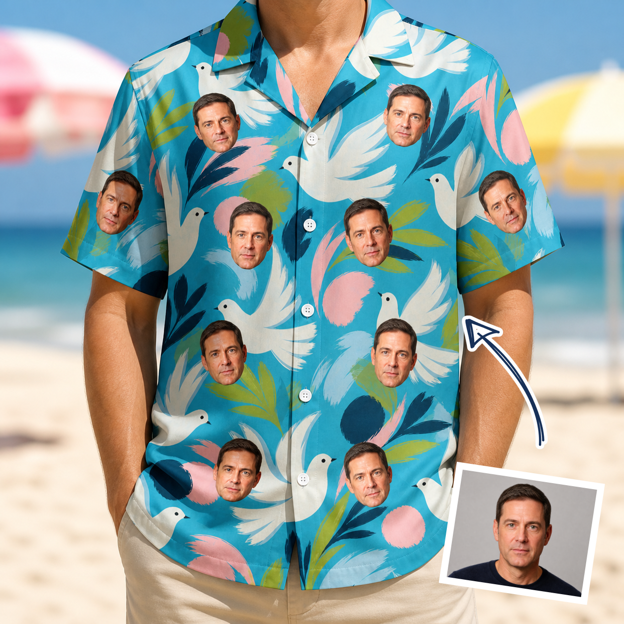 Man wearing Men's Altar Aviary Custom Face Hawaiian Shirt — custom faces printed all-over
