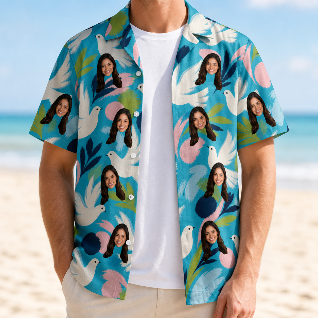 Man wearing Men's Altar Aviary Custom Face Hawaiian Shirt open over a white tee